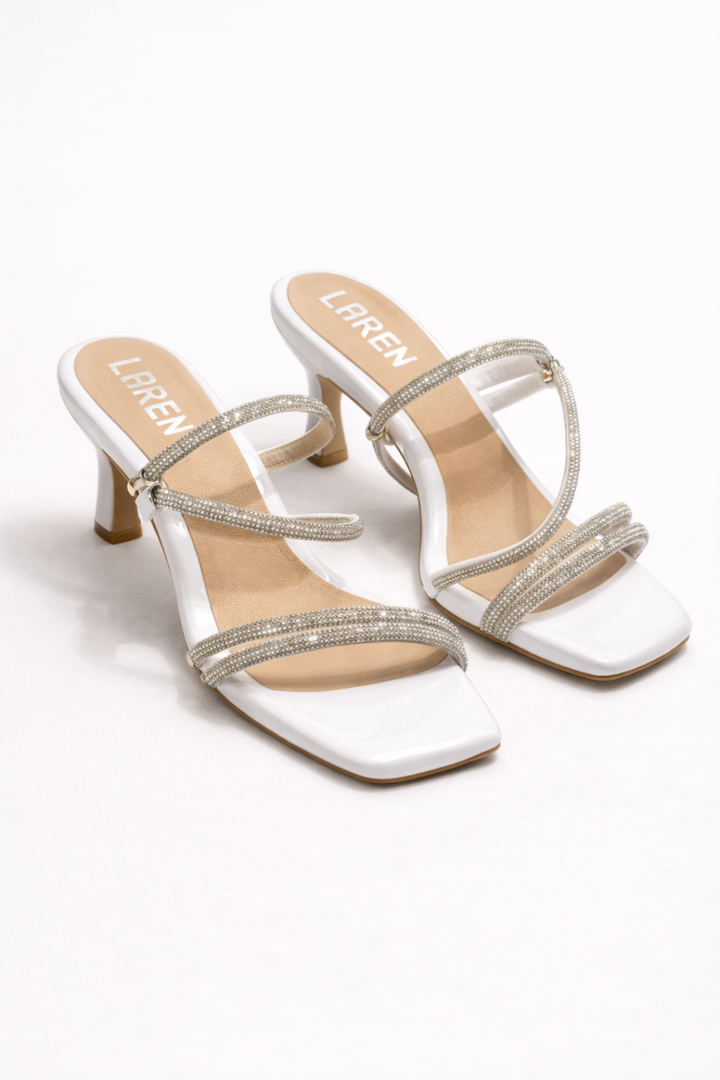 CRYSTAL STRAP WHITE MID HEEL MULES