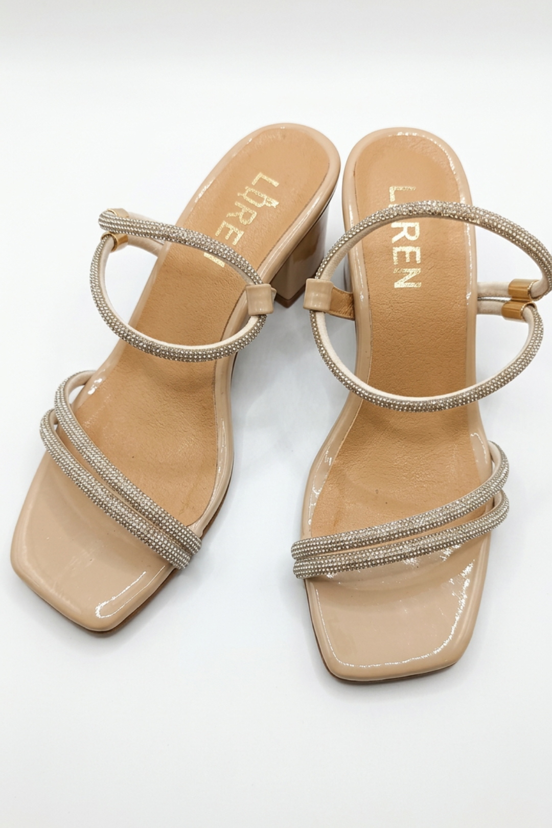 CRYSTAL STRAP NUDE MID HEEL MULES