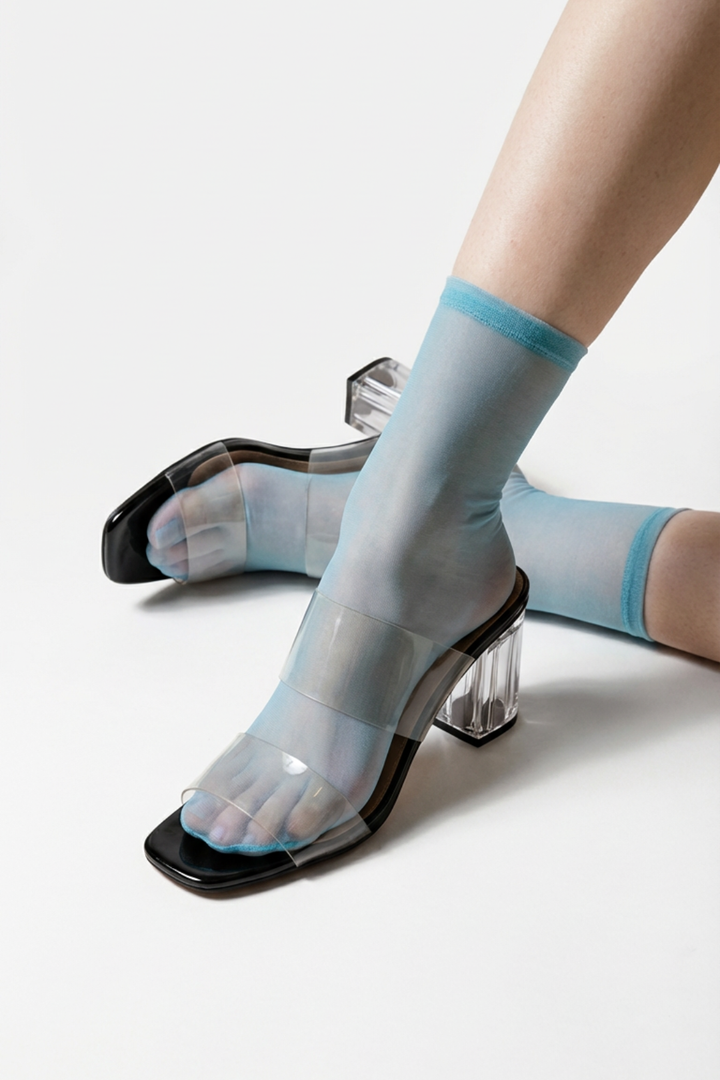 CLEAR STRAP BLACK BLOCK HEEL MULES