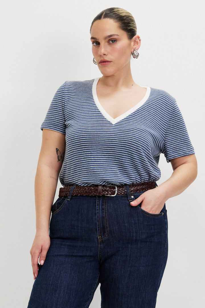 ANDREA BLUE STRIPED V-SHIRT