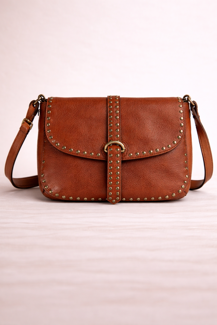 STUDDED LEATHER BELT CAMEL BAG