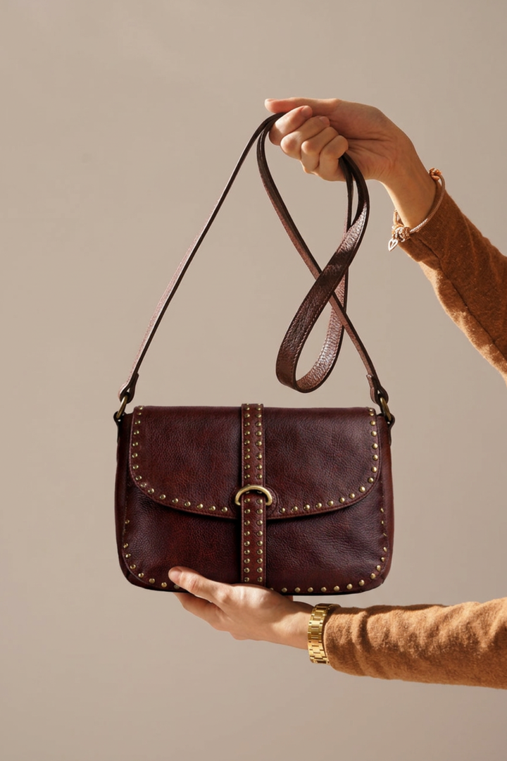 STUDDED LEATHER BELT BURGUNDY BAG