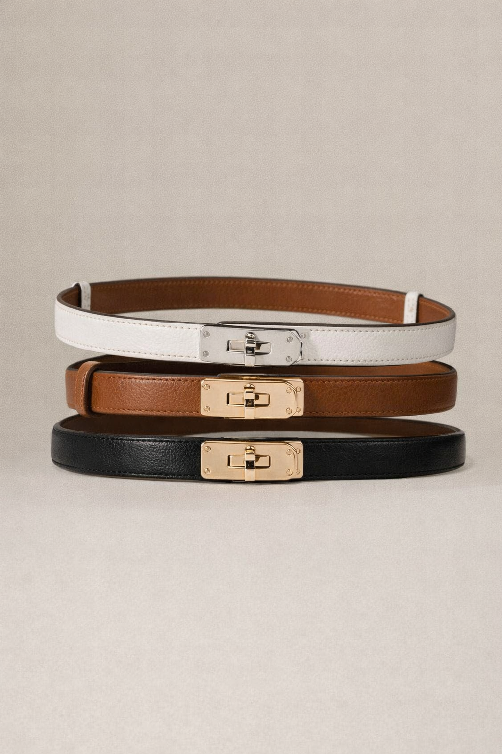 LOCK BUCKLE LEATHER BELT WHITE & BROWN