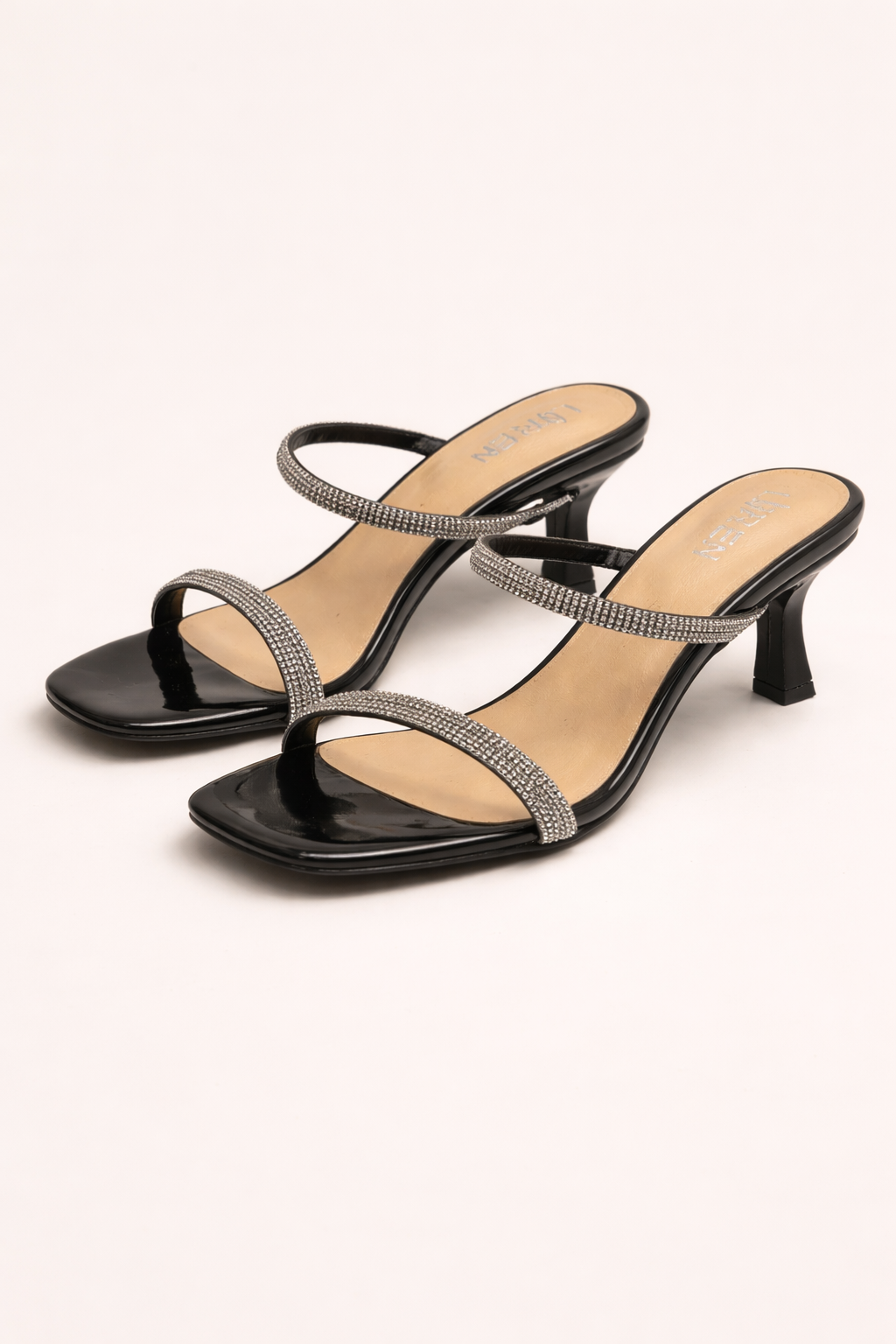 CRYSTAL STRAP BLACK MID HEEL MULES