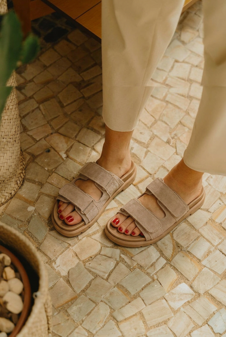 BEIGE SUEDE SLIDE SANDALS