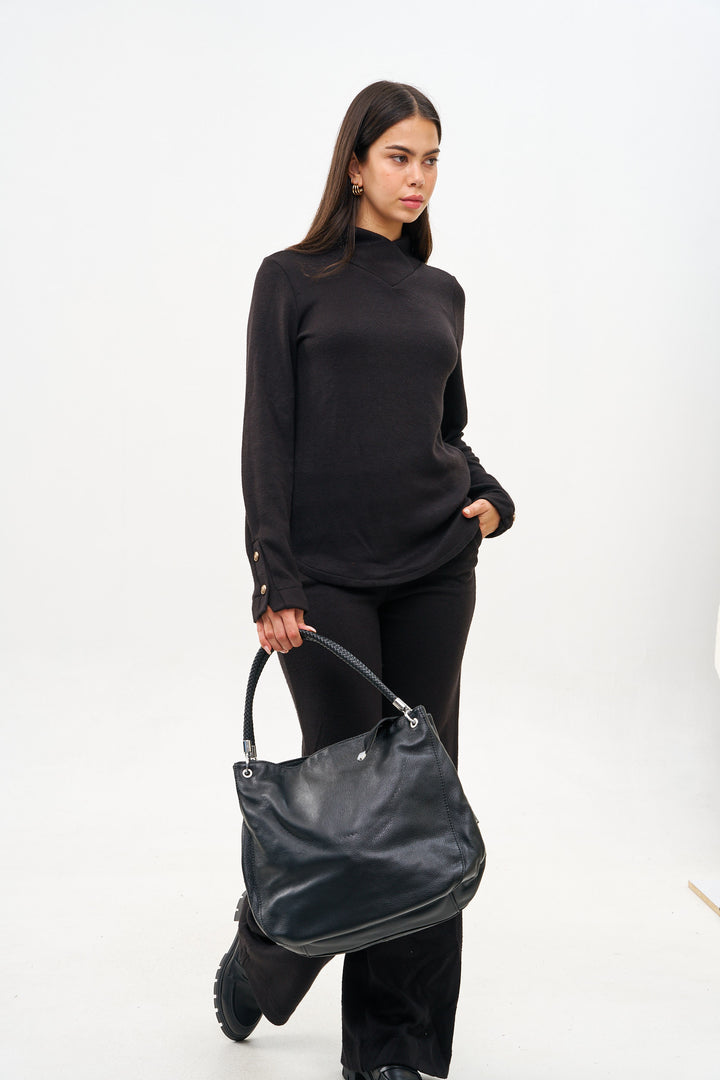 LARGE LEATHER BLACK BAG WITH A BRAIDED STRAP