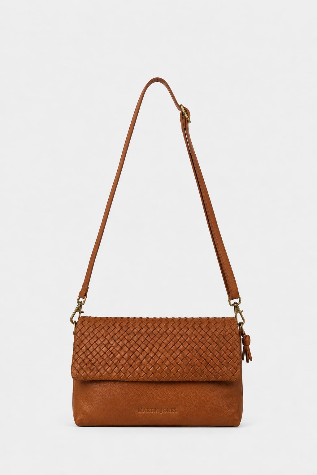 TAN WOVEN LEATHER SHOULDER CAMEL BAG