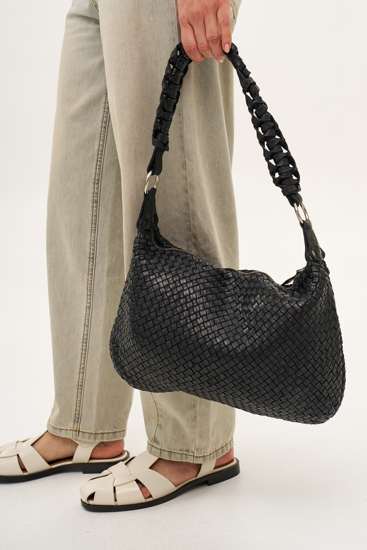BLACK WOVEN BIG LEATHER BAG