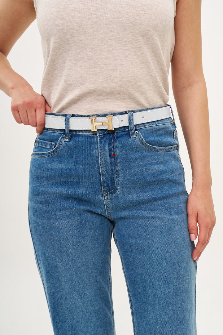 REVERSIBLE THIN LEATHER BELT WHITE-BLACK