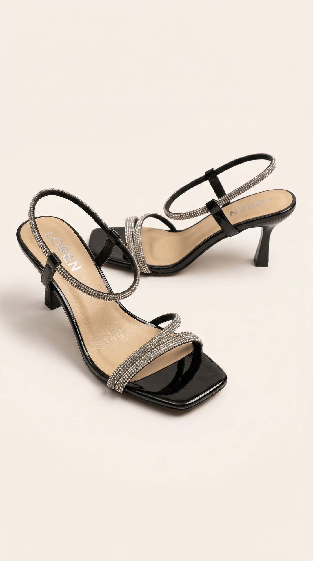 CRYSTAL STRAP BLACK MID HEEL MULES