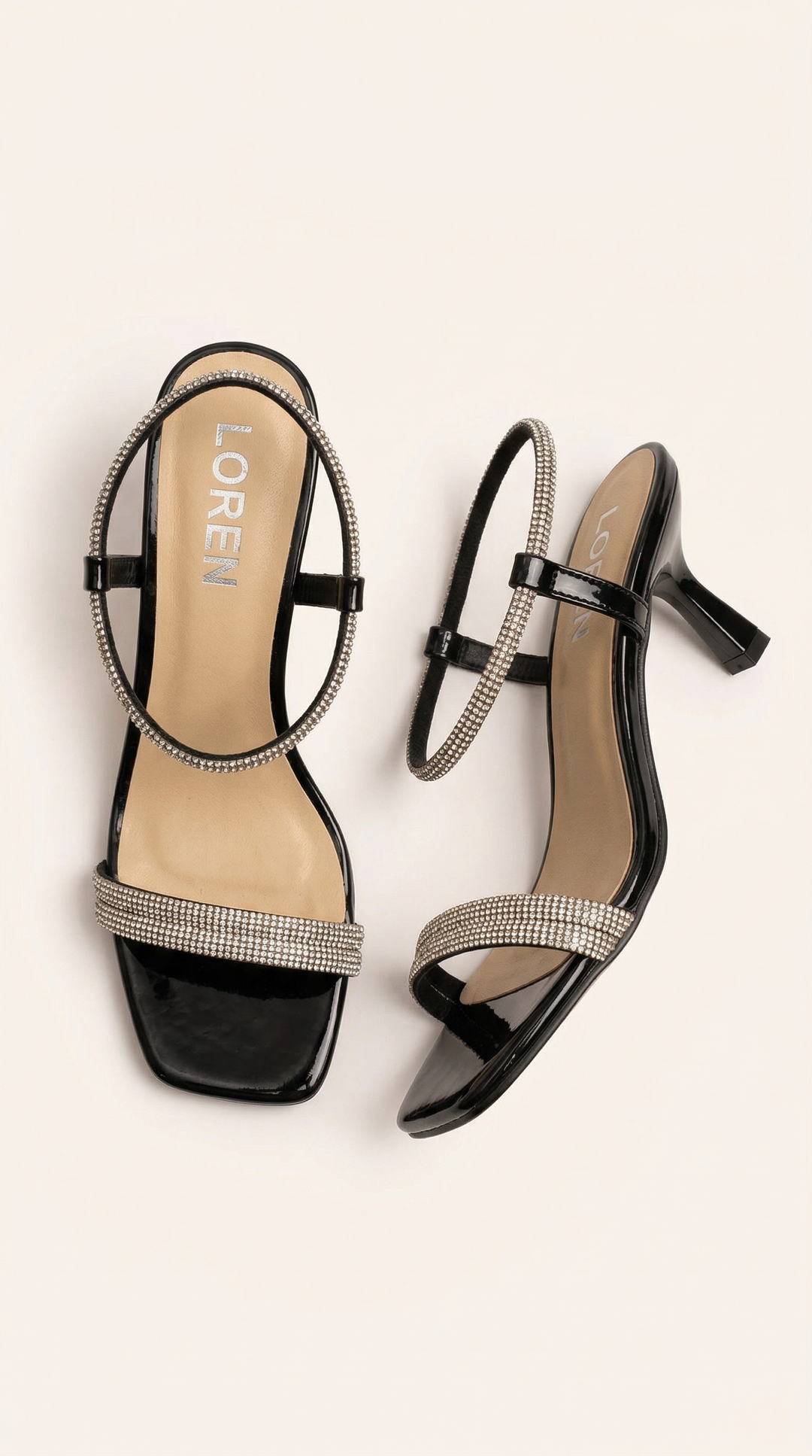 CRYSTAL STRAP BLACK MID HEEL MULES